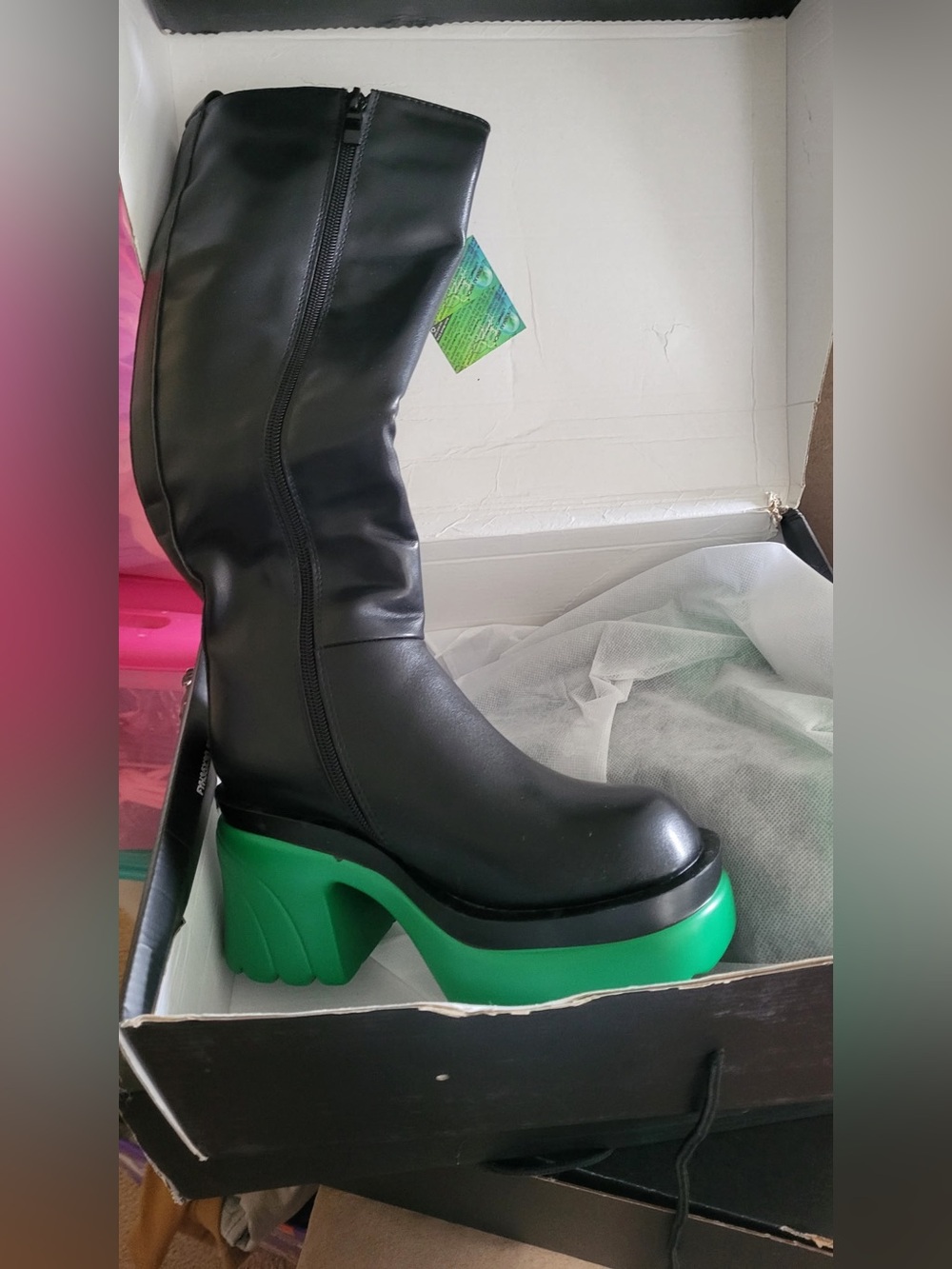 Black Leather Knee Boot with Green Platform Heel